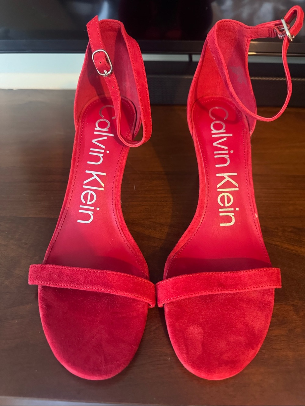 Calvin Klein Red Suede Open-Toe Ankle-Strap Heels